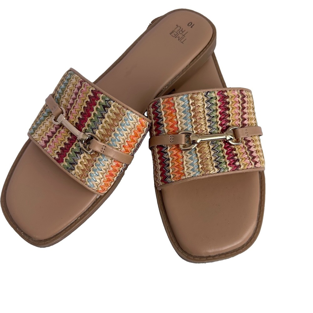 Time and Tru Women's Chevron Slide Sandals Beige/Multicolor Buckle US 10 - Picture 2 of 7